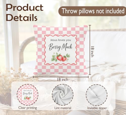 Pink Preppy Checkered Christian Strawberry Pillow Cover 18x18 Decor - color: Berry