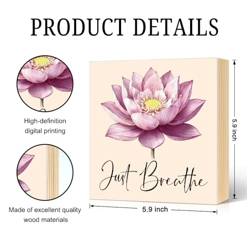 Just Breathe Relaxing Floral Wood Block Plaque Box Sign 5.9x5.9 - color: pink