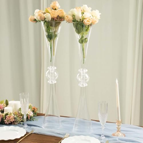 Efavormart 2 Pack | 27" Clear Crystal Embellishment Trumpet Table Centerpiece, Reversible Plastic Flower Vase - color: Clear, size: 27"
