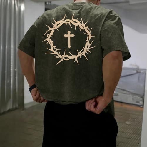 Mens Faith Over Fear Christian Shirts Jesus God Religious Bible Verse Cross Tshirt Oversized Acid Wash Graphic Tees - color: Army Green, size: X-Large