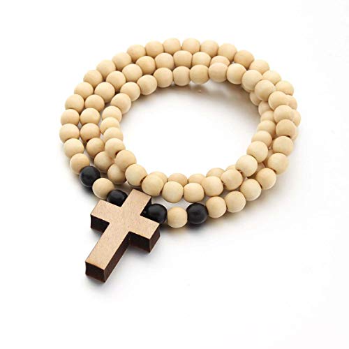 COLORFUL BLING Classic Natural Wood Beads Cross Pendant Necklace for Men Women Religious Rosary Jewelry Handmade Prayer Accessories - color: light