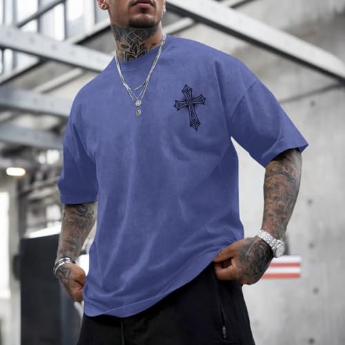 Vintage Goth Punk Shirts for Men Grunge Streetwear Oversized Tshirts Gothic Cross Graphic Tees Y2k Acid Wash T Shirt - color: Blue, size: Medium
