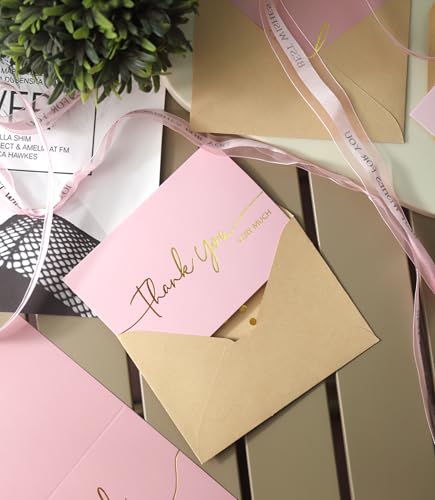 Winoo Design 100 PK Pink and Gold Thank You Cards with Envelopes Bulk - 5 x 3.5 Inches Personalized Thank You Notes for Baby Shower Wedding Small Business Graduation Funeral Birthday - color: PINK