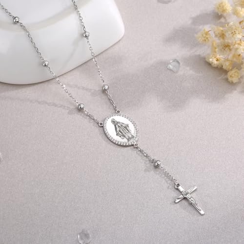 Sariel 925 Sterling Silver Rosary Necklace Bracelet for Women Virgin Mary Medallion with Cross Pendant Catholic Prayer Beaded Chain Religious Jewelry Gift (Necklace)