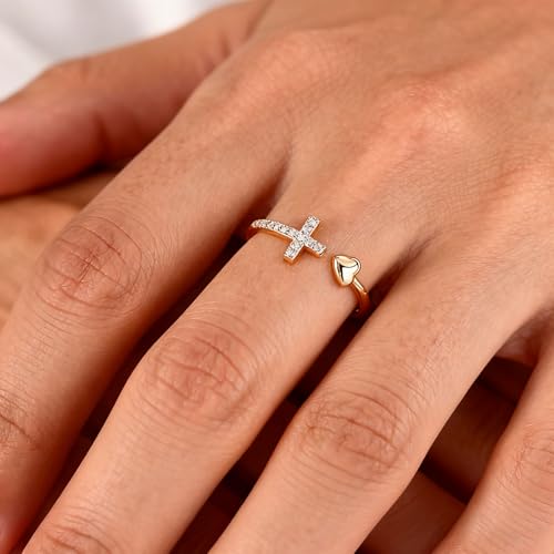 Sora Tuki Gold Cross Rings for Women Silver Adjustable Rings for Women Cubic Zirconia Heart Cross Purity Ring Dainty Stackable Ring for Women Christian Religious Jewelry - color: Golden, style: Cross Heart
