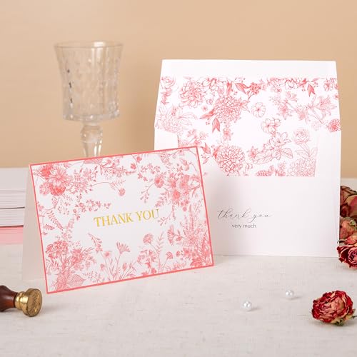 Crisky Vintage Pink Floral Gold Foil Thank You Cards with Envelopes - color: Pink Floral, size: 50 Pack