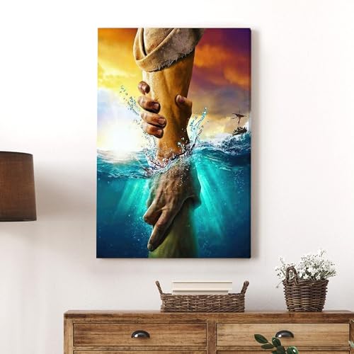 Framed Jesus Christ Canvas Wall Art The Hand of God Jesus Reaching Into Water Christian Painting Prints Biblical Wall Decor Religious Room Decor for Church Prayer Room Schools Hospitals 16" x 24" - color: Jesus 3, size: 24"L x 16"W