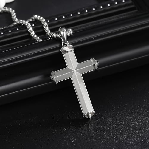 Stainless Steel Cross Necklace for Men with Adjustable Box Chain Christian Cross neckalce Gift - color: Silver