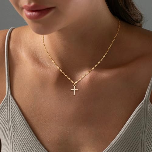 Cross Necklace For Women,14K Gold Plated Small Dainty Colorful Beaded Cubic Zirconia Diamond Double Layered Cross Pendant Choker Necklaces For Women,Christian Easter Religious Jewelry Gifts - style: Twist Chain Small CZ Cross-Gold