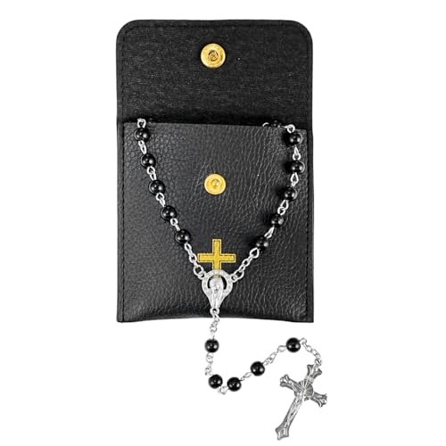 Rosary Beads Catholic, Rosary Necklace with Leather Pouch with Magnetic Top Bag for Men and Women Christian Gifts - color: Black B