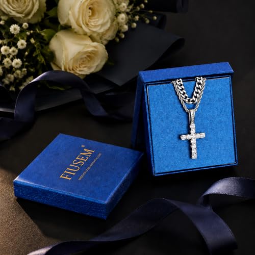 Fiusem Layered Cross Necklace for Men, Stainless Steel Cuban and Rope Chain - color: Silver, size: 24/26 inches