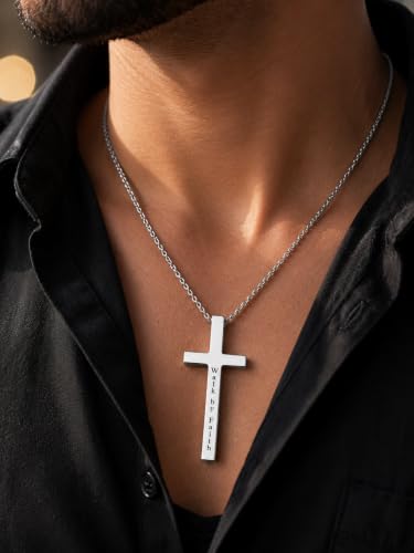 Engraved Cross Necklace for Men, Women & Boys & Girls Cross Necklace, Stainless Steel Cross Pendant Necklace, Faith & Inspiration Christian Jewelry Gift - color: Walk by Faith