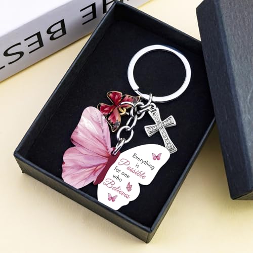 Butterfly Christian Keychain Women Cross Bible Verse Keychain Butterfly Purse Charm Inspirational Religious Gifts - color: Pink