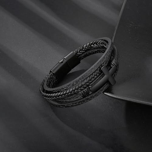 Mens Cuff Cross Bracelet Multi-Layer Braided Leather Cross Bracelet for Religious Bangle Wristband Faith Christian Jewelry for Men Teen - color: B.Black, size: 9.1in(23cm, Fits larger wrists)