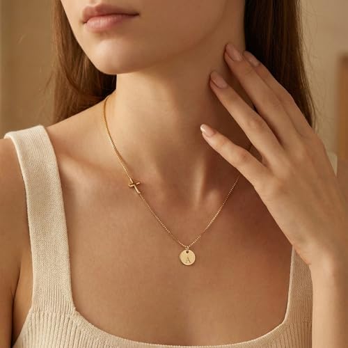 LUXEJEW Cross Initial Necklaces for Girls, Dainty 14K Gold Plated Sideways Cross Initial A-Z Letter Pendant Necklace Trendy Faith Jewelry First Communion Baptism Gifts for Women Girls - color: A.