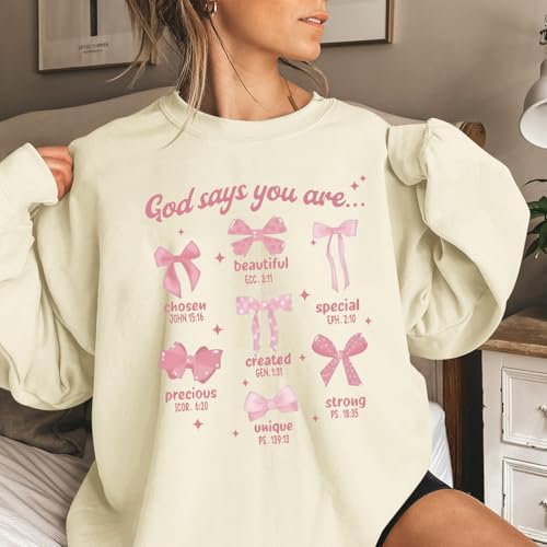 Christian Bow Sweatshirt for Women God Jesus Bible Verse Sweatshirts Cute Bow Graphic Coquette Long Sleeve Shirts - color: Apricot, size: XX-Large