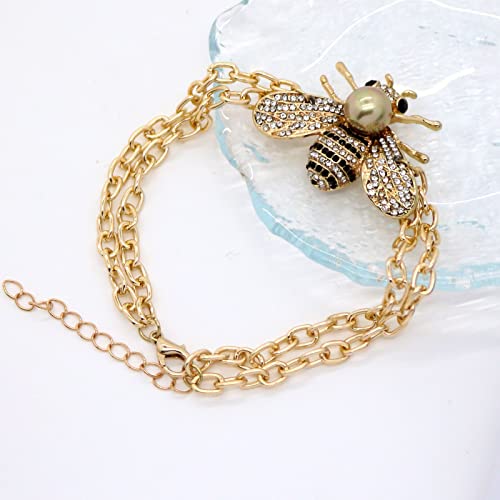 Honey Bee Brooches Crystal Insect Themed Bee Brooch Animal Fashion Shell Pearl Brooch Pin Gold Tone - color: Gold Pearl Chain