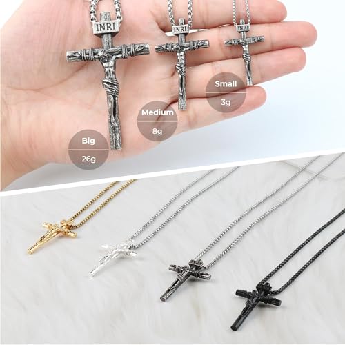 Crucifix Cross Necklace for Men and Women with Exquisite Jesus Pendant and Stainless Steel Chain 16-30 Inch - color: Antique White Gold, size: 20 Inch=51CM(Women's Average Length), style: Small Pendant-1.3"x0.8"