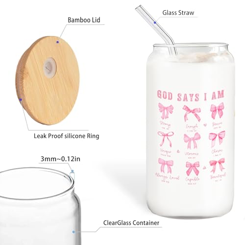 Coquette Pink Bow Christian Glass Cup with Lids and Straws 14oz, Christian Gifts for Women, God Says I am Bible Verse Glass Iced Coffee Tumbler Drinking Jars with Cleaning Brush - color: Pink Bow5