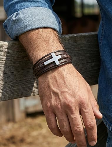 Mens Leather Cross Bracelet Braided Multi Layer Wristband with Stainless Steel Clasp - Christian Religious Gifts for Him(Brown/Black/Blue) - color: BrownLeather&Silver Plated, size: 9in(Fits larger wrists)