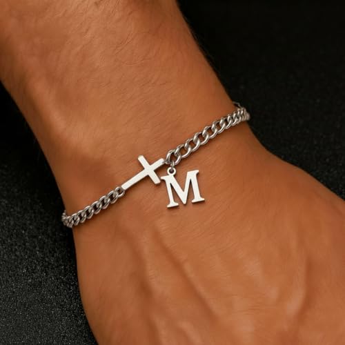 Cross Bracelets for Men Initial A - Z Faith Cross Bracelets Gifts - color: Silver M
