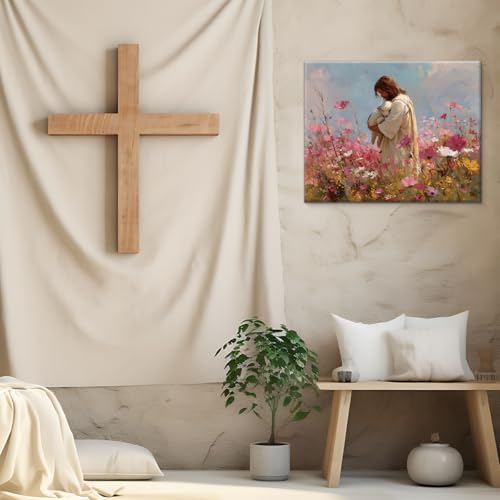 Jesus the Shepherd Wall Art Christian Lamb Flowers Canvas Print Framed - color: color-H