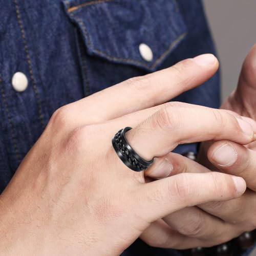 Mens Fidget Rings Anxiety Ring for Men 6mm 8mm Chain Spinner Ring Size 5-14 - color: Black Black