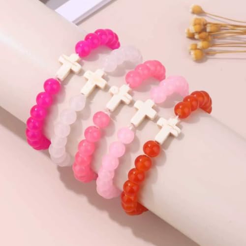 5Pcs Set Cross Beaded Crystal Turquoise Colorful Stretch Bracelet Christian Matching Strand Bracelet for Women Holiday Bohemian Boho Jewelry Multilayered Handmade - color: I