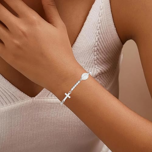 First Communion Gifts for Girls Virgin Mary Cross Bracelet Non Tarnish Baptism 1st Holy Communion Confirmation Gifts Christian Religious Catholic Jewelry - color: Godmother,Silver