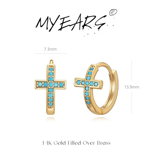 MYEARS Gold Cross Hoop Earrings for Women Trendy 14K Gold Plated Small Hoops Huggie Earrings White Cubic Zirconia Turquoise Minimalist Simple Christmas Christian Cross Jewelry Gifts - color: Turquoise