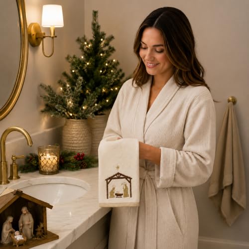 Christmas White Guest Hand Bathroom Towels, Nativity Manger Jesus, 16x26" - color: Manger