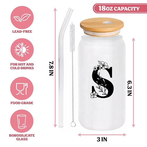 Monogrammed Initial Glass Cup Personalized Gifts for Women 16oz Initial Letter Glass Cups w/Lids Straws Birthday Valentine Mothers Day Gift for Her, S - color: Letter Cup-S