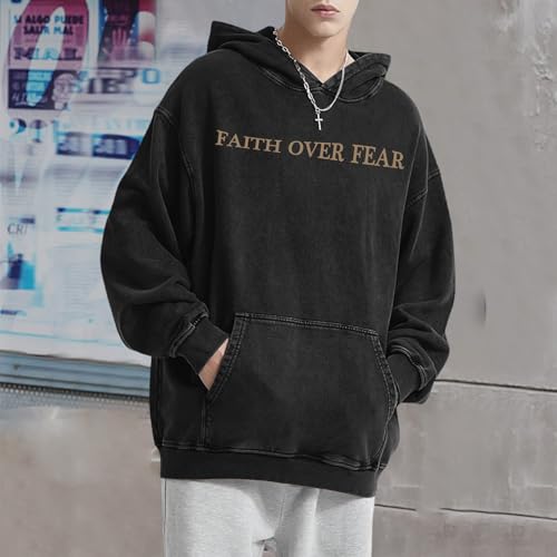 Christian Faith Over Fear Hoodies for Men Jesus Religious Graphic Sweatshirt Bible Verse Acid Wash Pullover Hoodie - color: Black, size: Medium