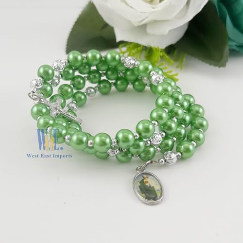 12 pcs Religious Wrap Rosary Bracelet, Green Beads with Cross and St. Jude Medal Charm, Memorial Prayer Favor - color: JA175S-grn