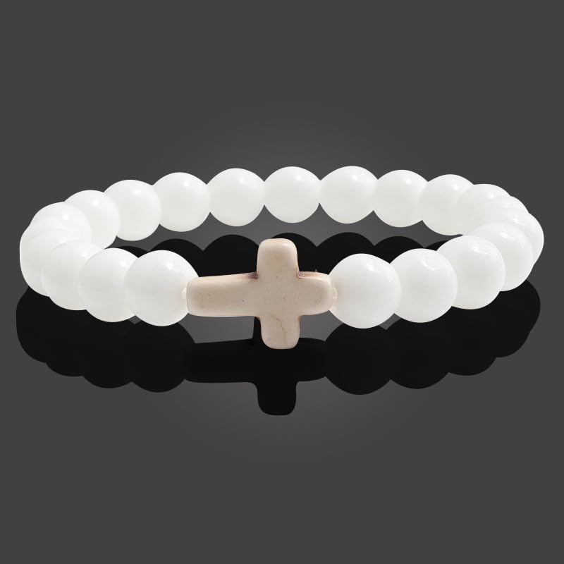 FORUBUS Lava Rock Stone Beaded Bracelet, Cross Charm Natural Volcanic Stone beads Turquoise Stretch Bracelet for Women Men Religion Jewelry Pray Baptism Gift - color: B 1pcs white ceramic