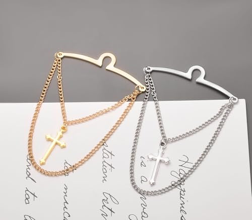 2Pcs Tie Chain for Men Classic with Double Single Gold Silver Elegant Chain Tie Cilp - color: cloud cross double chain silver