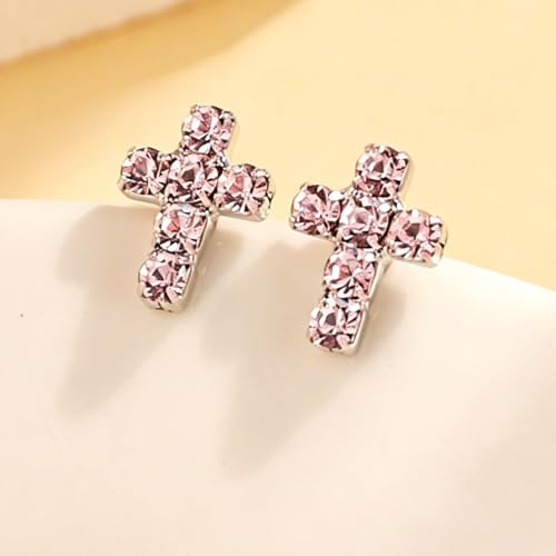 Cross Stud Earrings for Women Small Dainty Cross Earrings Tiny Sparkling Studs Silver Tone Faith Minimalist Simple Lightweight Everyday Fashion Jewelry - color: A2:Pink Cross Stud Earrings
