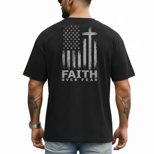 Men's Jesus Christian Shirts Christ America Flag Casual Tops - color: Black-faith Over Fear, size: Medium