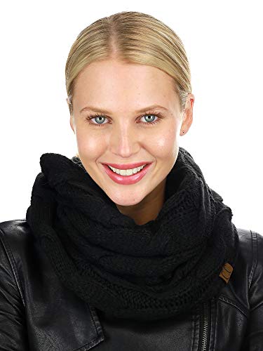 C.C Women's Winter Cable Knit Sherpa Lined Warm Infinity Pullover Scarf - color: Black