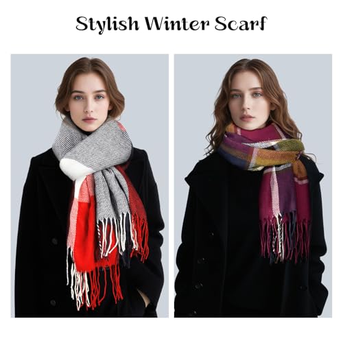 Clothirily Womens Winter Scarf, Oversized Long Blanket Plaid Shawl Wrap - color: Red Purple Lattice
