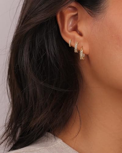 Rotnso Gold Hoop Earrings Set for Women Hypoallergenic Trendy Huggie Stack - style: 3 Pairs CZ Hoops-GD