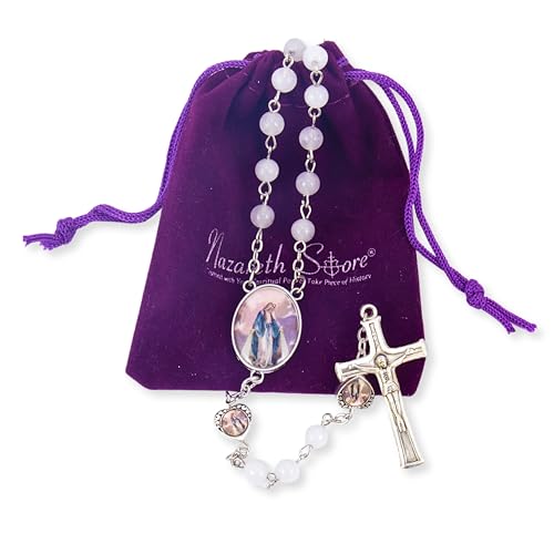 Nazareth Store Natural Stone Beads with Miraculous Epoxy Heart Metal Beads Rosary Necklace Gemstone Christian Gifts - color: Clear Agate