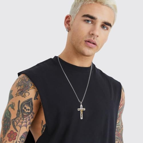 HZMAN Catholic Jesus Christ INRI Cross Crucifix Pendant Necklace for Men - color: Silver & Gold