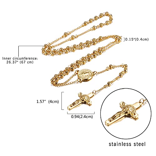 Rosary Beads Cross Necklace for Women Men, Stainless Steel Lords Prayer Long Chain Necklace Jewelry Gifts Y Necklace - color: GOLD-4mm
