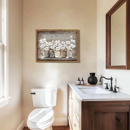Rustic Bathroom Wall Art, Vintage Daisy Farmhouse Canvas Wall Decor Paintings, Flower Butterfly Inspirational Posters Prints Pictures Artwork for Bathroom Restroom 16x24 Inch Wood Framed - color: Brown Daisy, size: 24"L x 16"W