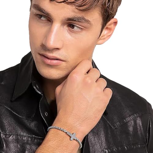 Gothic Cross Chain Bracelets for Men Women Vintage Silver Black Stainless Steel Cross Charm Bracelet Adjustable Minimalist Bracelet Christian Religious Jesus Confirmation Cool Jewelry - color: Silver