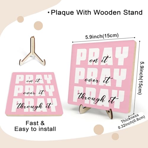 Inspirational Pink Wooden Plaque Sign Decor, Christian Gifts for Women, Religious Gifts, Bible Verse Gifts, Office Desk Room Home Dorm Decor Accessories, Pray on it(Pink, 5.9 x5.9 inches) - color: Pink
