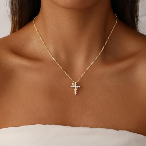 Amicon Gold Cross Necklace for Women Dainty 14K Gold Plated Diamond Cross Pendant Necklace Simple Charm Cross Necklaces Faith Trendy Jewelry Gifts - style: Rose Cross Necklace-GD