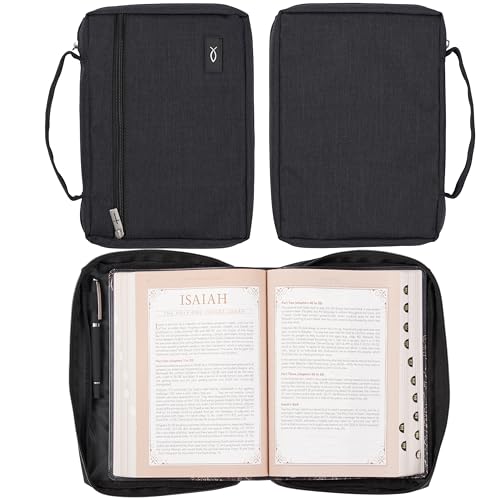 Christian Art Gifts Polyester Bible Cover for Men & Women w/Jesus Fish Patch, Secure Zipper Pocket, Pen Loops, Easy Carry Book Case for Stationery, Accessories, Black, XL - color: Black/Jesus Fish #3, size: Extra Large