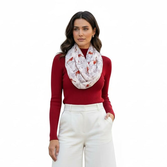 Etwoa's Cardinal Birds Infinity Scarf and Circle Scarf - color: White